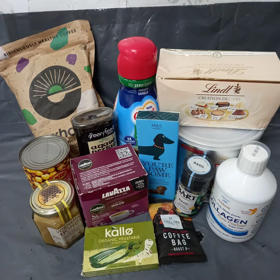 APPROXIMATELY 10 ASSORTED FOOD & DRINK ITEMS TO INCLUDE - LINDT CREATION DESSERT - PREMIUM MARINE COLLAGEN PEPTIDE - YORKSHIRE HONEY - ETC