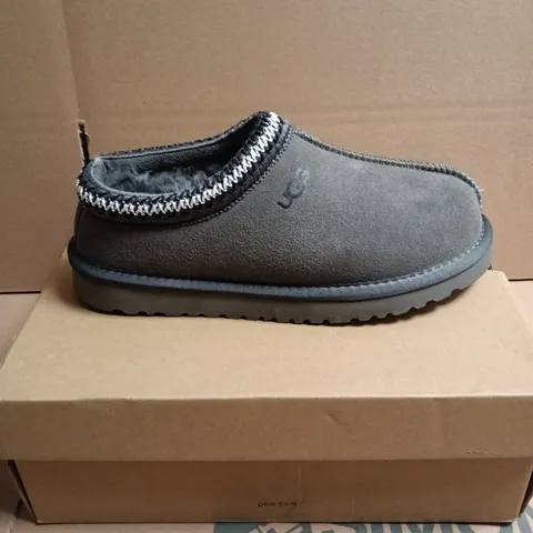 BOXED PAIR OF UGG SLIPPERS – CHARCOAL GREY SUEDE, FUR-LINED, SLIP-ON - SIZE UNSPECIFIED