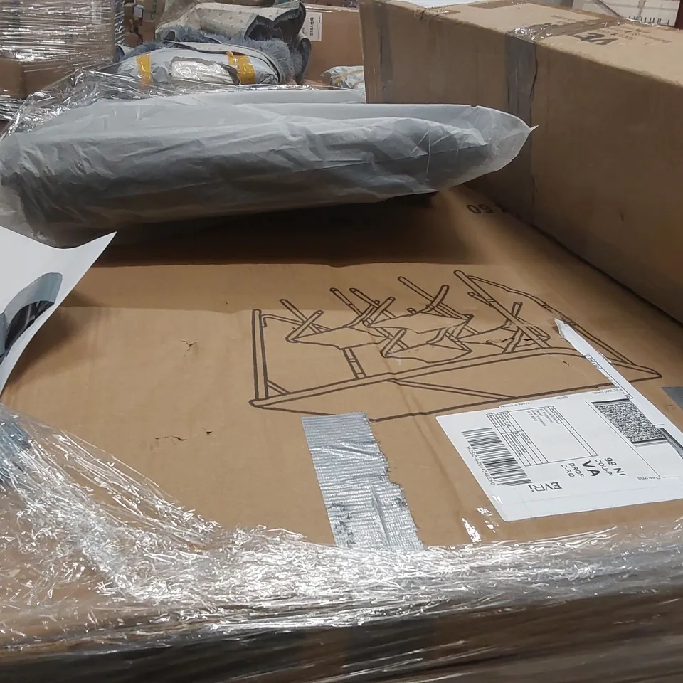 PALLET CONTAINING A LARGE QUANTITY OF ASSORTED CONSUMER PRODUCTS INCLUDING: DRESSING TABLES W/CHAIRS, FOOD PROCESSOR, CAR FRIDGE ECT