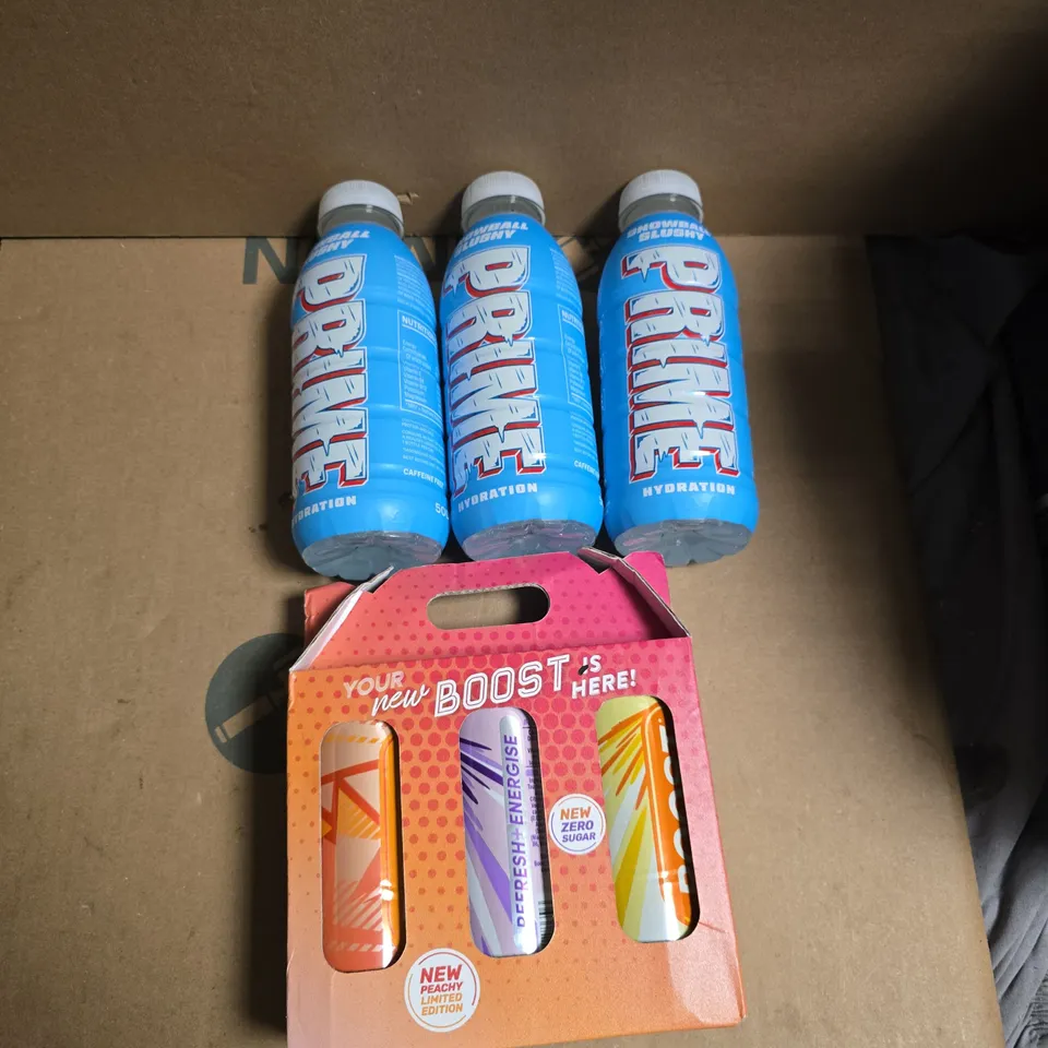 A TOTE OF MIX ITEMS TO INCLUDE LIMITED EDITION BOOST ENERY DRINKS, PRIME AND MORE