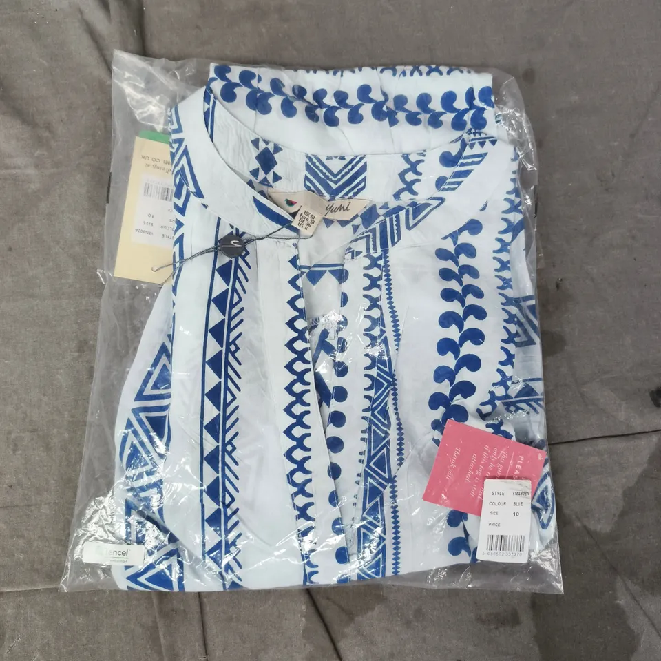 YUMI BLUE TENCEL GEO STRIPE PRINT BEACH TUNIC SIZE UK 10