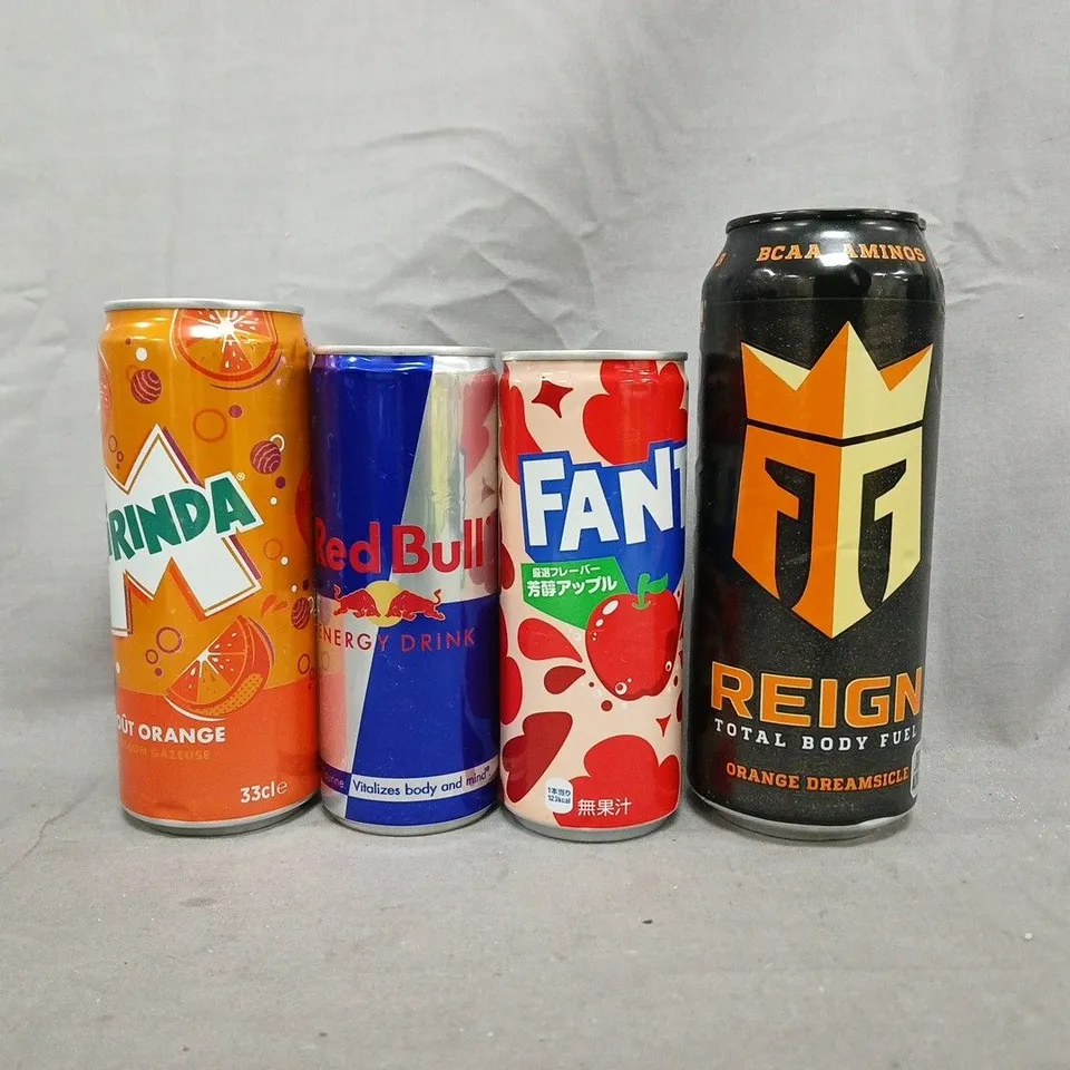 APPROXIMATELY 10 ASSORTED FOOD AND DRINK ITEMS TO INCLUDE RED BULL, REIGN, FANTA, ETC