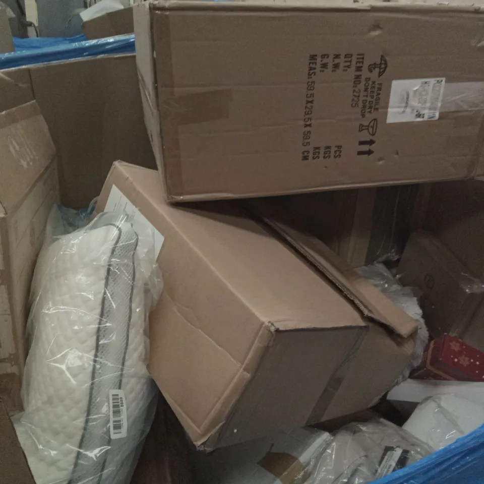 PALLET OF ASSORTED ITEMS INCLUDING ELEGANT LED MIRROR, WICKES TOILET SEAT, PET SLOW EATING BOWL, BAUBLE SET, JUVALE PAPER CUPS