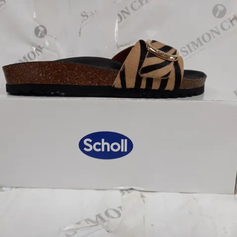 BOXED PAIR OF SCHOLL SANDALS LEATHER SOLE FURY STRIPED STRAP IN BROWN SIZE 6