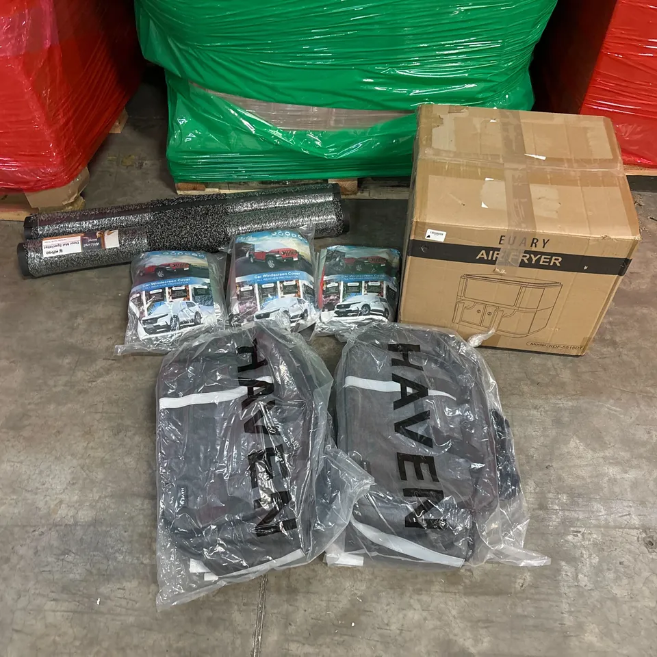 PALLET OF ASSORTED CONSUMER PRODUCTS TO INCLUDE: AIR FRYER, BACKPACKS, CAR WINDSCREEN PROTECTORS, DOOR MATS ECT
