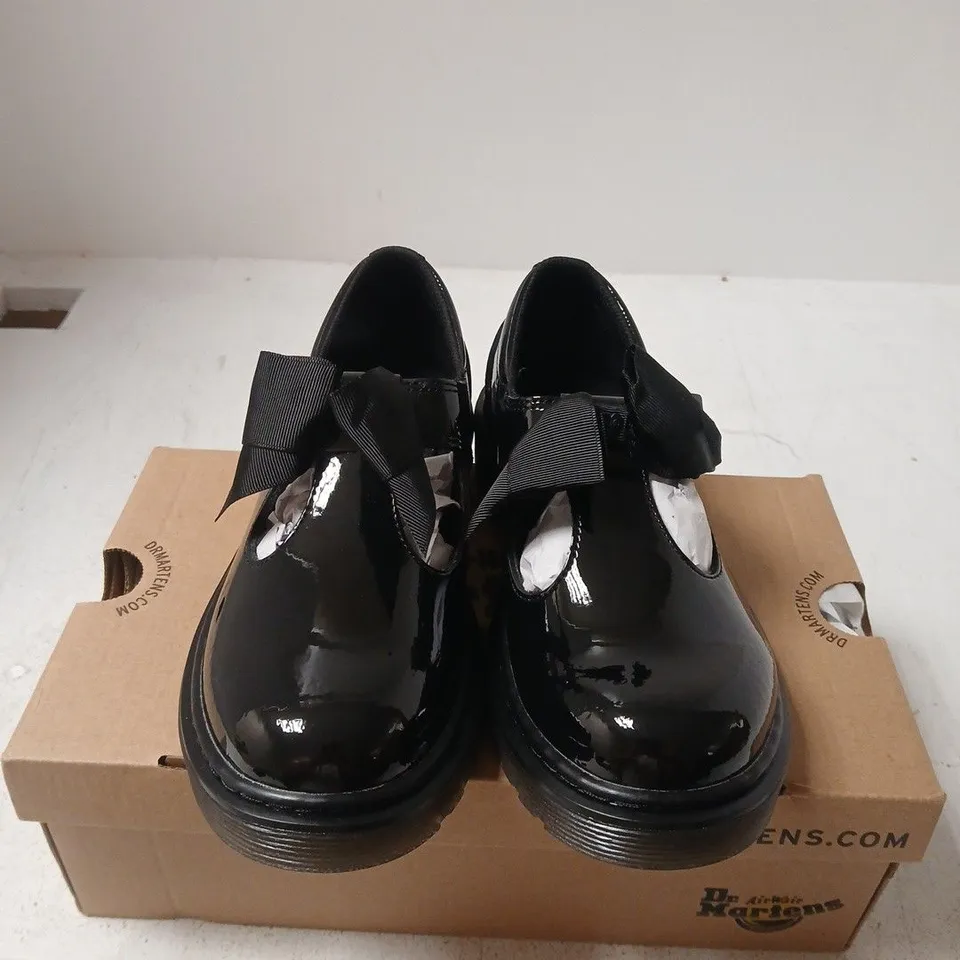 BOXED PAIR OF DR. MARTENS POLLEY II BOW J BLACK PATENT LEATHER SHOES - 2.5
