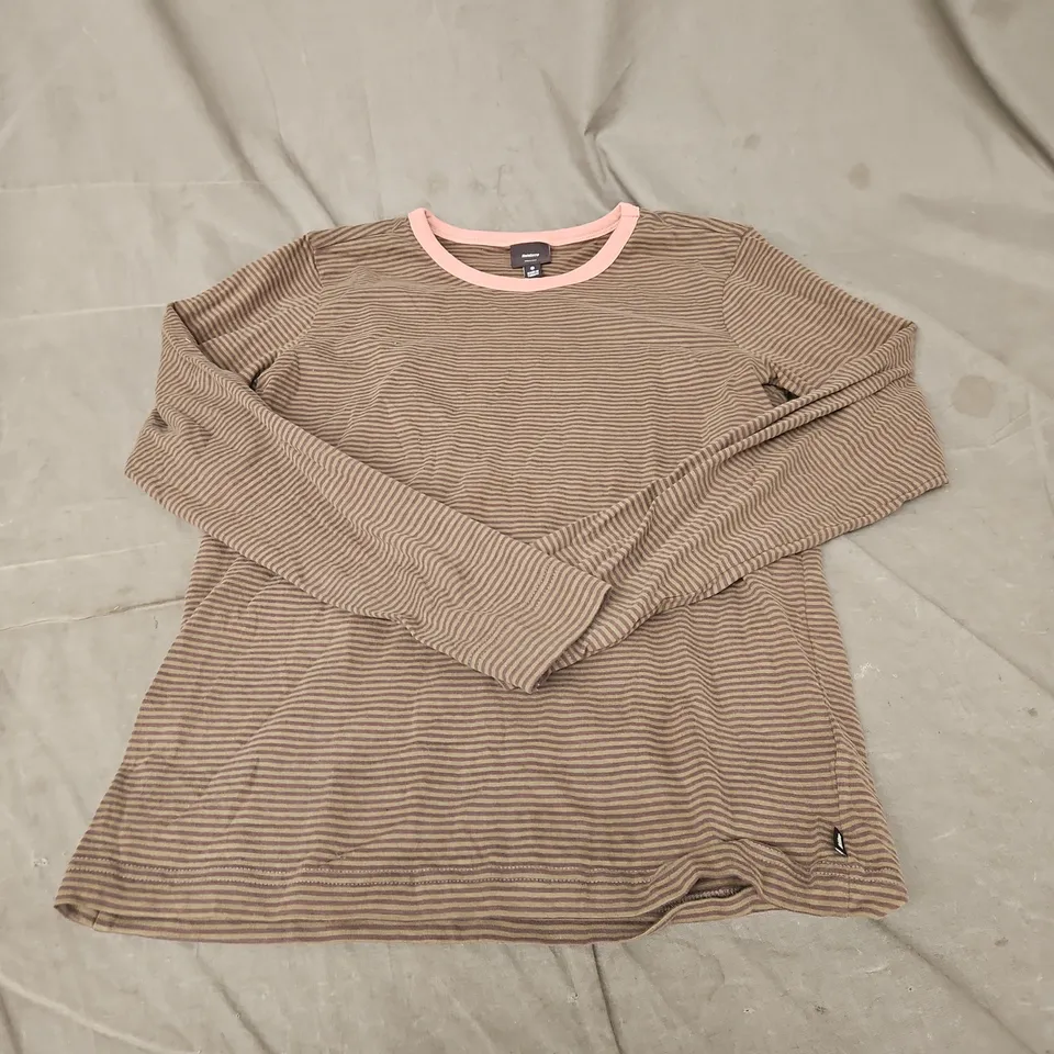 FINISTERRE ORGANIC STRIPED LONG-SLEEVE TOP – BROWN STRIPE PINK TRIM, UK SIZE 8
