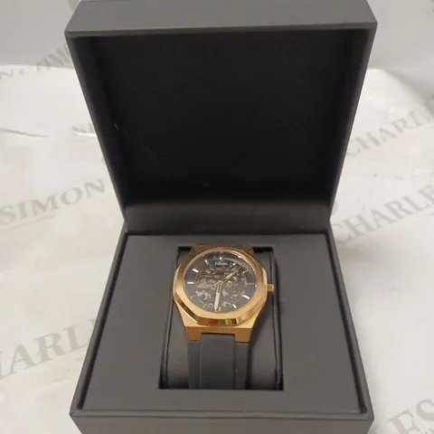 MEN'S EDISON AUTOMATIC ROSE GOLD COLOUR WATCH WITH BLACK DIAL IN HEXAGON CASE