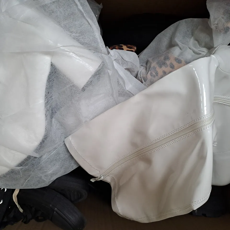 BOX OF APPROXIMATELY 15 ASSORTED PAIRS OF SHOES AND FOOTWEAR ITEMS IN VARIOUS STYLES AND SIZES TO INCLUDE SUPERDRY, RIVER ISLAND, ETC