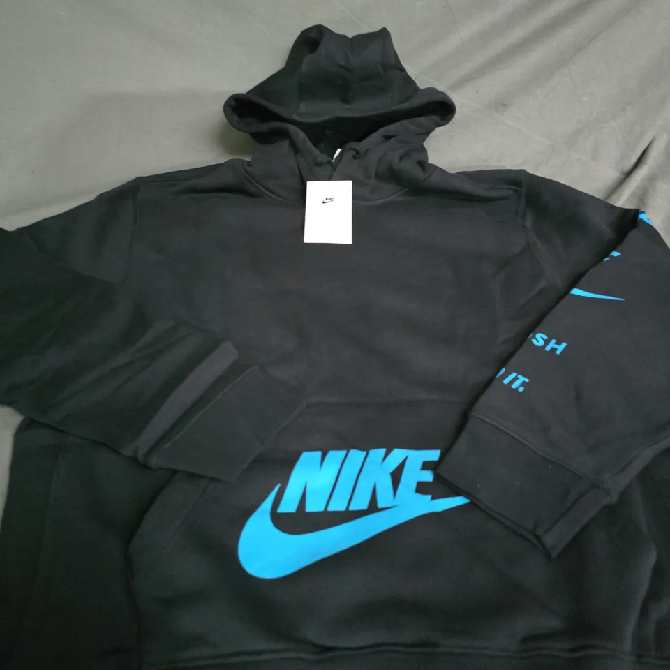 NIKE HOODIE – BLACK WITH BLUE SWOOSH - SIZE L 