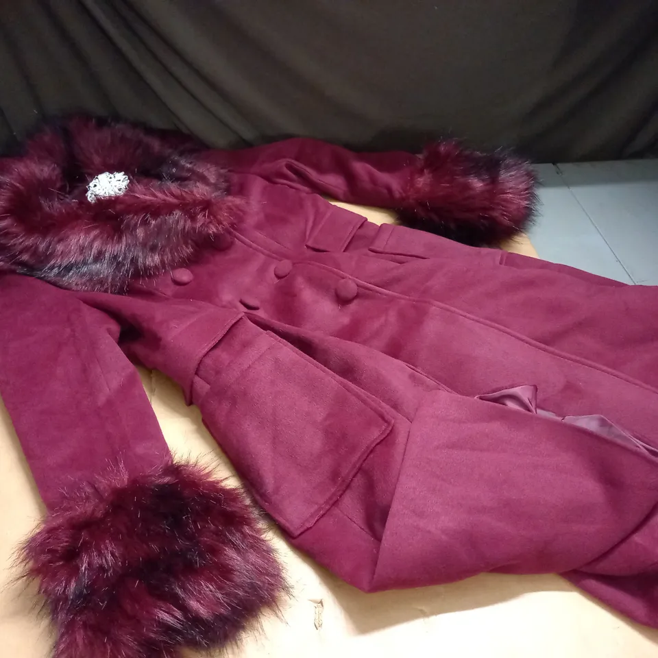 HEARTS AND ROSES BURGHUNDY FAUX FUR TRIMMED COAT - UK 12