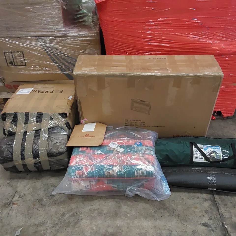 PALLET OF ASSORTED ITEMS INCLUDING: ELECTRIC FIREPLACE, LARGE RUG, PET STAIRS, WOMEN'S CLOTHING, YOGA MAT, TENT