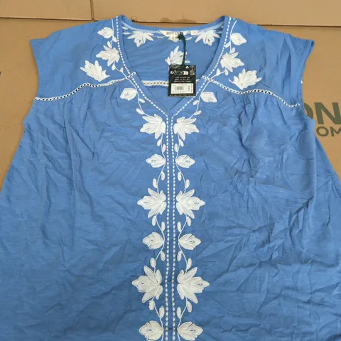 WHITE STUFF BLUE EMBROIDERED ORGANIC COTTON TOP – UK 14