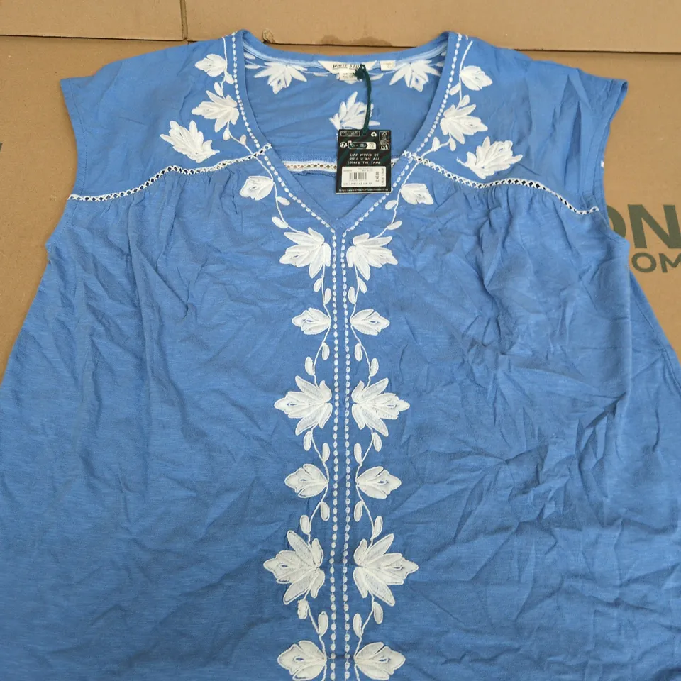 WHITE STUFF BLUE EMBROIDERED ORGANIC COTTON TOP – UK 14