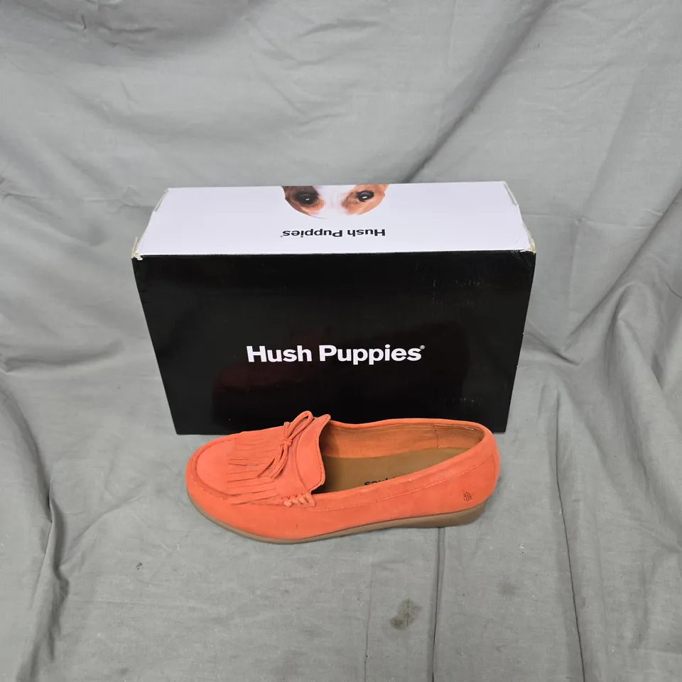 HUSH PUPPIES ORANGE SUEDE LOAFERS – WOMEN'S MOCCASIN-STYLE - BOXED - SIZE UK 5 