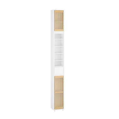 BOXED SOBUY BZR34-BW,SLIM FREESTANDING BATHROOM TALL CABINET WITH BAMBOO DOORS | WHITE | BEIGE