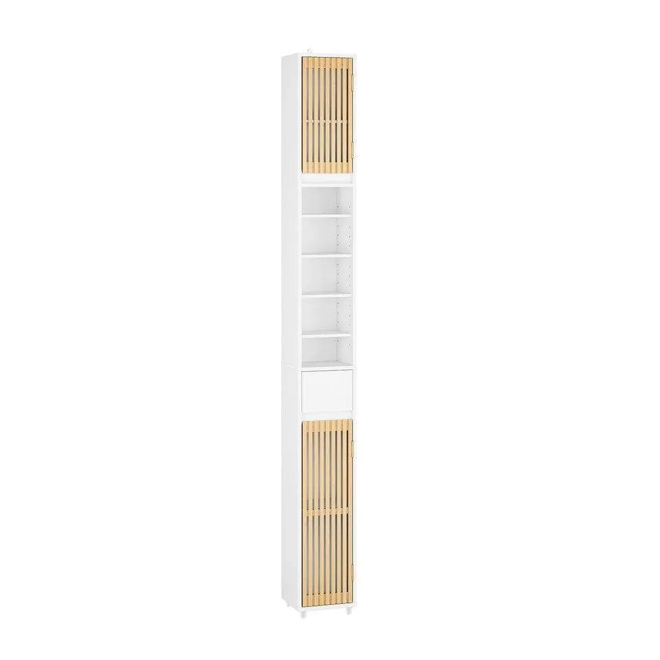 BOXED SOBUY BZR34-BW,SLIM FREESTANDING BATHROOM TALL CABINET WITH BAMBOO DOORS | WHITE | BEIGE