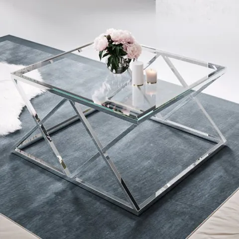 BRAND NEW BOXED ROMA CLEAR GLASS COFFEE TABLE WITH SILVER STAINLESS STEEL LEGS (1 BOX)