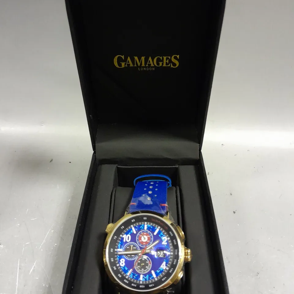 GAMAGES TARGET RACER GOLD COLOUR CASE BLUE DIAL WATCH 