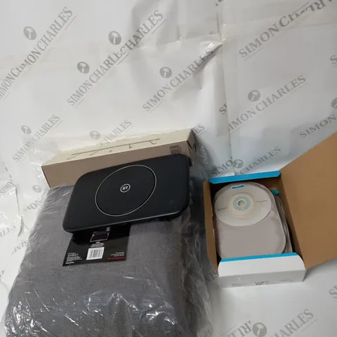 BOX OF ASSORTED HOUSEHOLD ITEMS TO INCLUDE NETWORK BOXES, BEDDING, HANGERS ETC