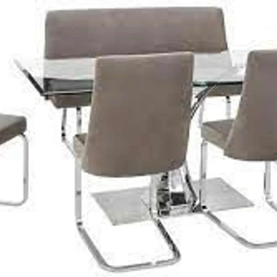 BOXED ALICE RECTANGLE 160 CM GLASS TOP DINING TABLE WITH 2 GREY CHAIRS (3 BOXES)