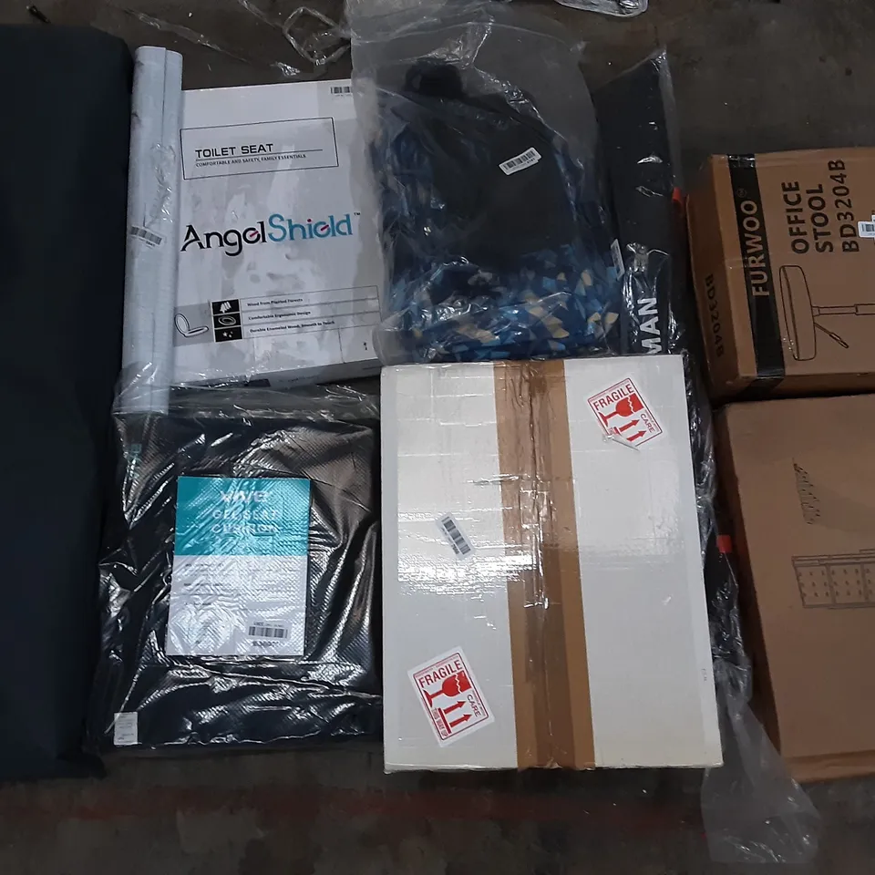 PALLET OF ASSORTED PRODUCTS INCLUDING ANGEL SHIELD TOILET SEAT, VIVIE GEL CUSHION, FURROW OFFICE STOOL, SUNPHIO, U-MISS AUTOMATIC RICE STORAGE