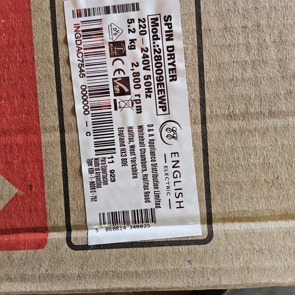 BOXED ENGLISH ELECTRIC SPIN DRYER Model 28009EEWP WHITE