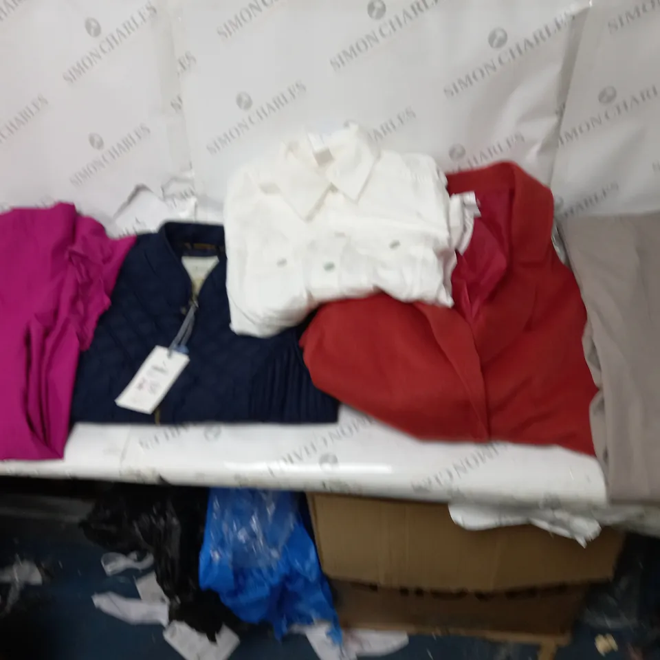 BOX OF ASSORTED CLOTHING ITEMS TO INCLUDE BLAZERS, TOPS, TROUSERS ETC
