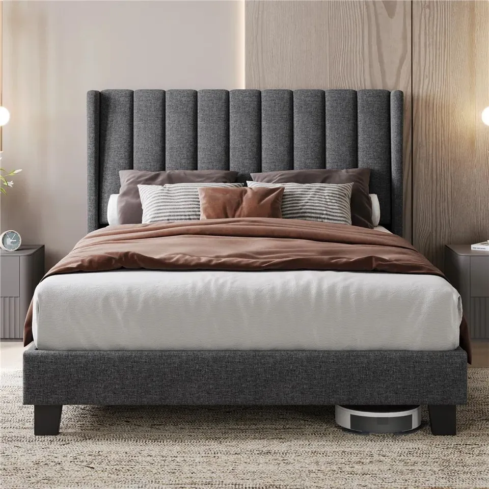 BOXED YAHEETECH UPHOLSTERED BED FRAME WITH CHANNEL TUFTED HEADBOARD - DARK GREY // SIZE: 135 x 190cm (2 BOXES)