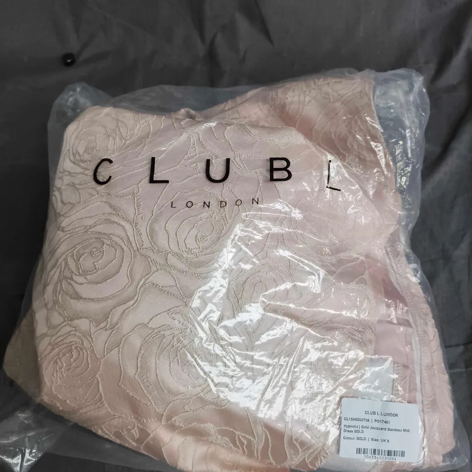 CLUB L LONDON HYPNOTIC GOLD JACQUARD BANDEAU MIDI DRESS – GOLD, UK 8