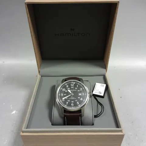 BOXED HAMILTON KHAKI AUTOMATIC BLACK DIAL WATCH 