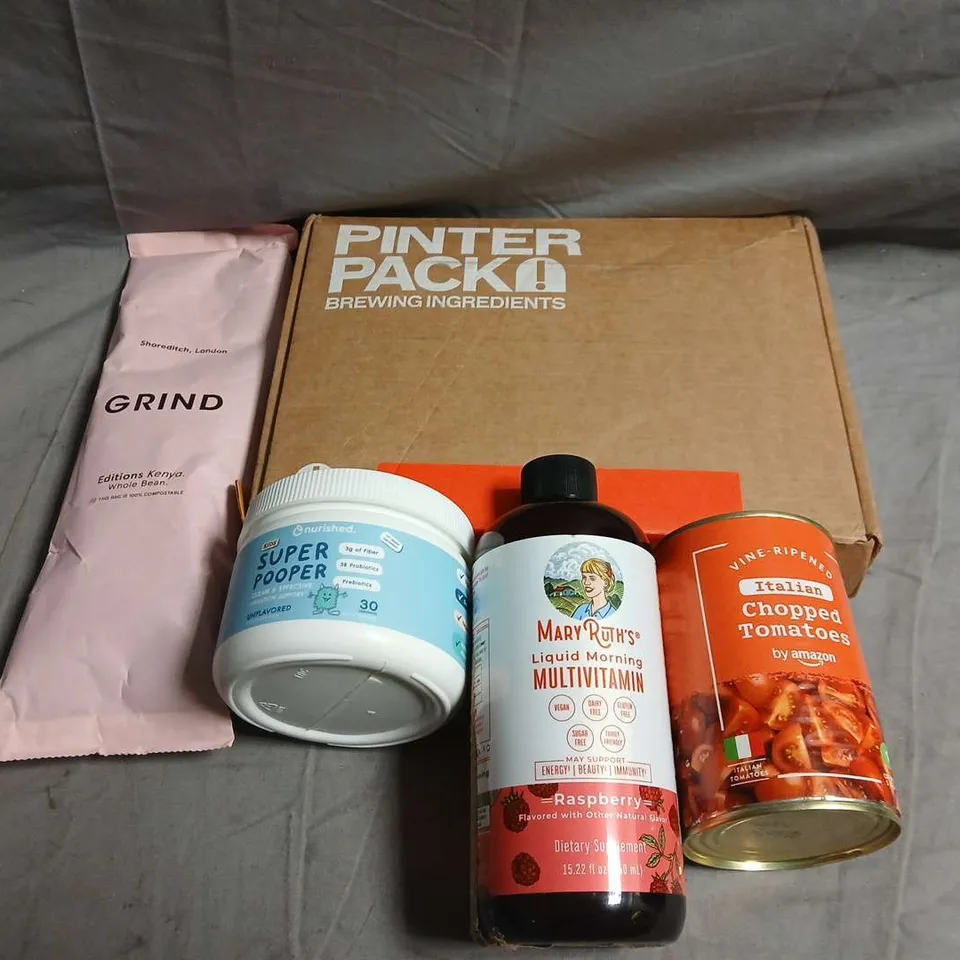 APPROXIMATELY 5 ASSORTED FOOD ITEMS TO INCLUDE - GRIND COFFEE, CHOPPED TOMATOES AND LIQUID MORNING MULTIVITAMINS - COLLECTION ONLY