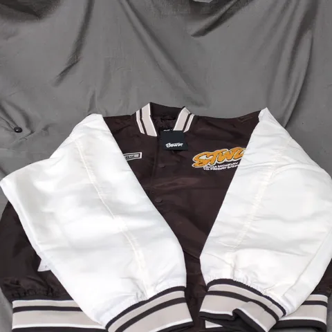 PULL & BEAR STWD BROWN SATIN VARSITY BOMBER JACKET WITH WHITE SLEEVES, SIZE M