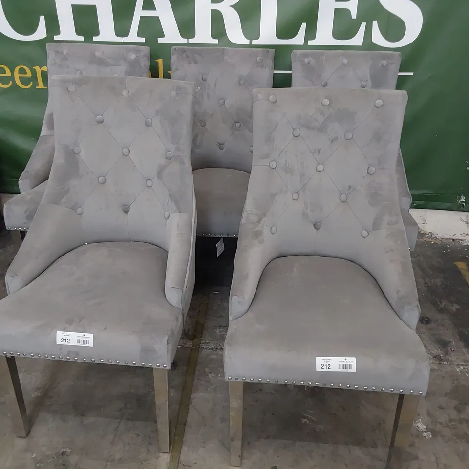SET OF SIX UPHOLSTERED RING BACKED  DINING CHAIRS WITH STUDDED DETAIL GREY PLUSH FABRIC ON SILVER LEGS