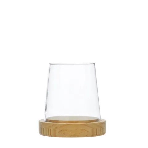 OTTERS BROOK CLEAR GLASS PILLAR CANDLE HOLDER WITH WOODEN BASE