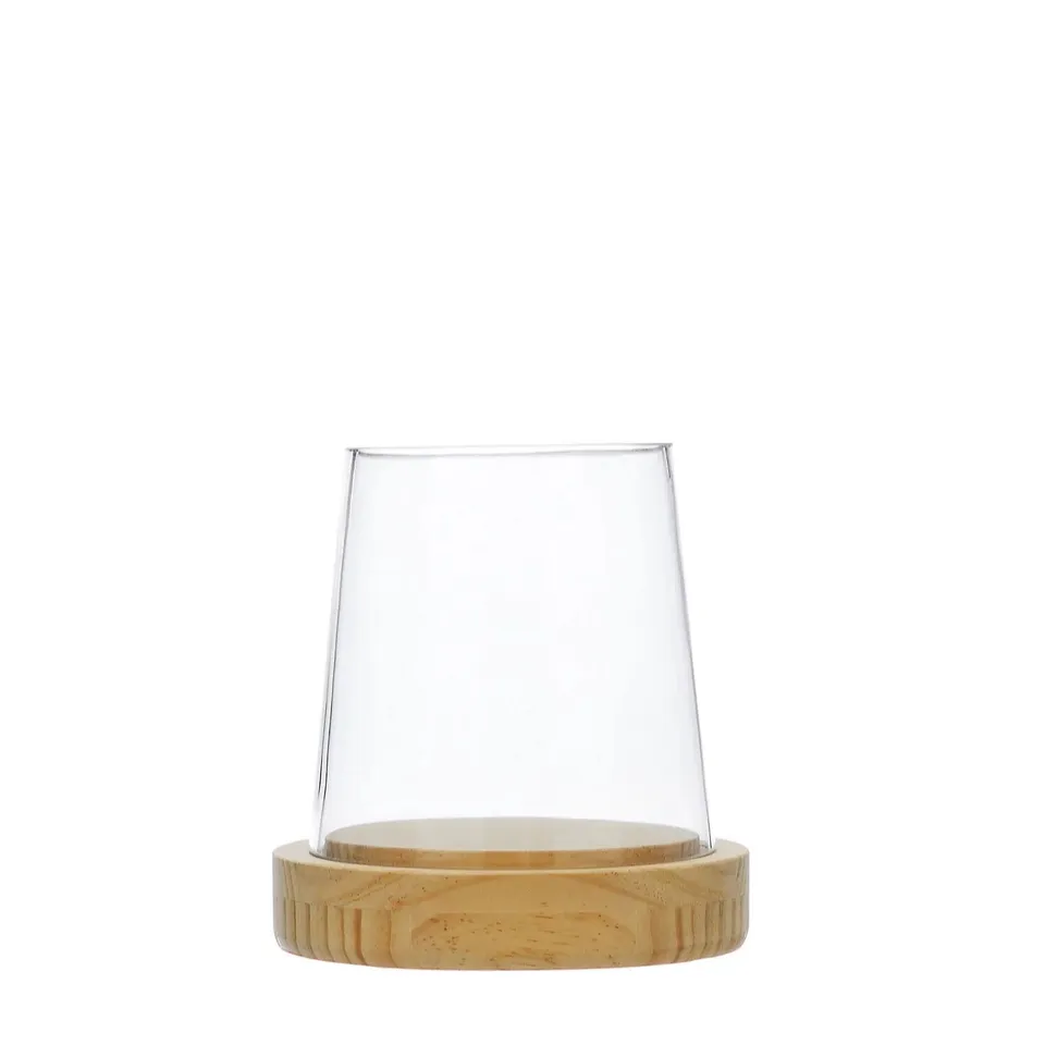 OTTERS BROOK CLEAR GLASS PILLAR CANDLE HOLDER WITH WOODEN BASE