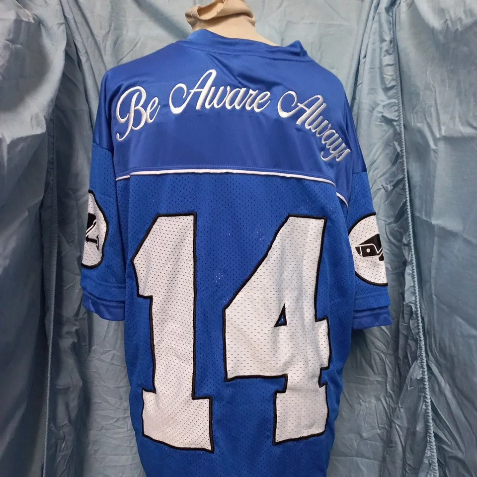PHAYN BLUE SPORTS JERSEY WITH LARGE '14' BACK AND 'BE AWARE ALWAYS' SLOGAN – XS