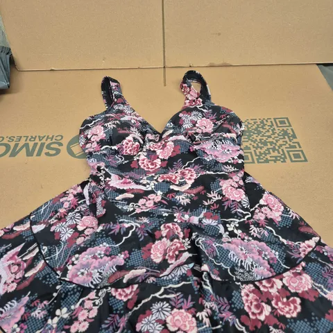 UK 16 JOE BROWNS FLORAL PRINT SWIMMING DRESS - BLACK WITH PINK FLOWERS