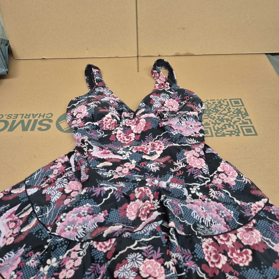 UK 16 JOE BROWNS FLORAL PRINT SWIMMING DRESS - BLACK WITH PINK FLOWERS