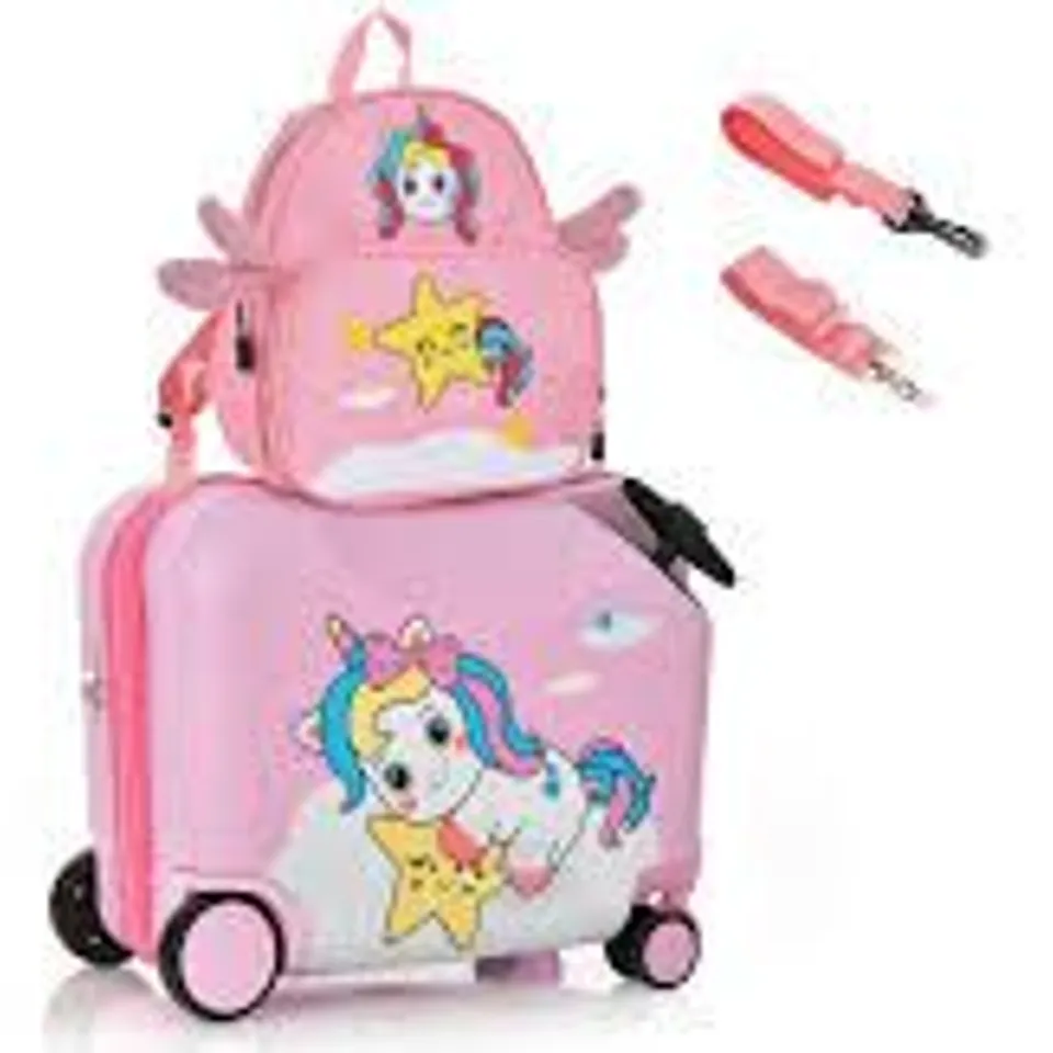 BOXED COSTWAY 2 PIECE KIDS RIDE-ON LUGGAGE SET 18" SUITCASE & 12" BACKPACK ANTI-LOSE ROPE - PINK