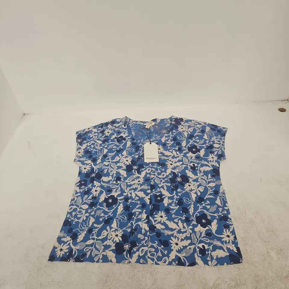 SEASALT CORNWALL WOMEN'S BLUE FLORAL TOP – ORGANIC COTTON, UK 12 (EU 40, US 8)