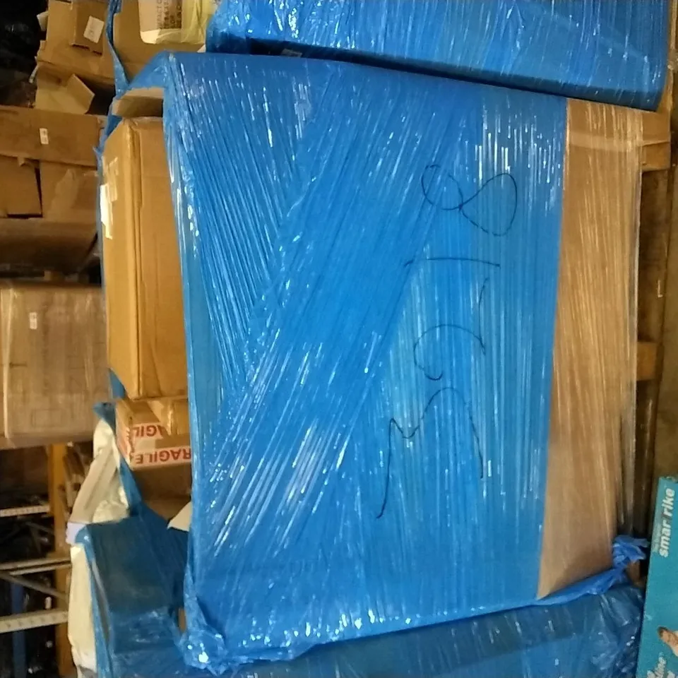 PALLET OF ASSORTED ITEMS INCLUDING AIR COOLER, METERK DRYWALL SANDER,  SMARTRIKE 2-IN-1 FOLDING TRAMPOLINE, ANGEL WING NEON SIGN, SILVER VALLEY BASKETBALL NET,
