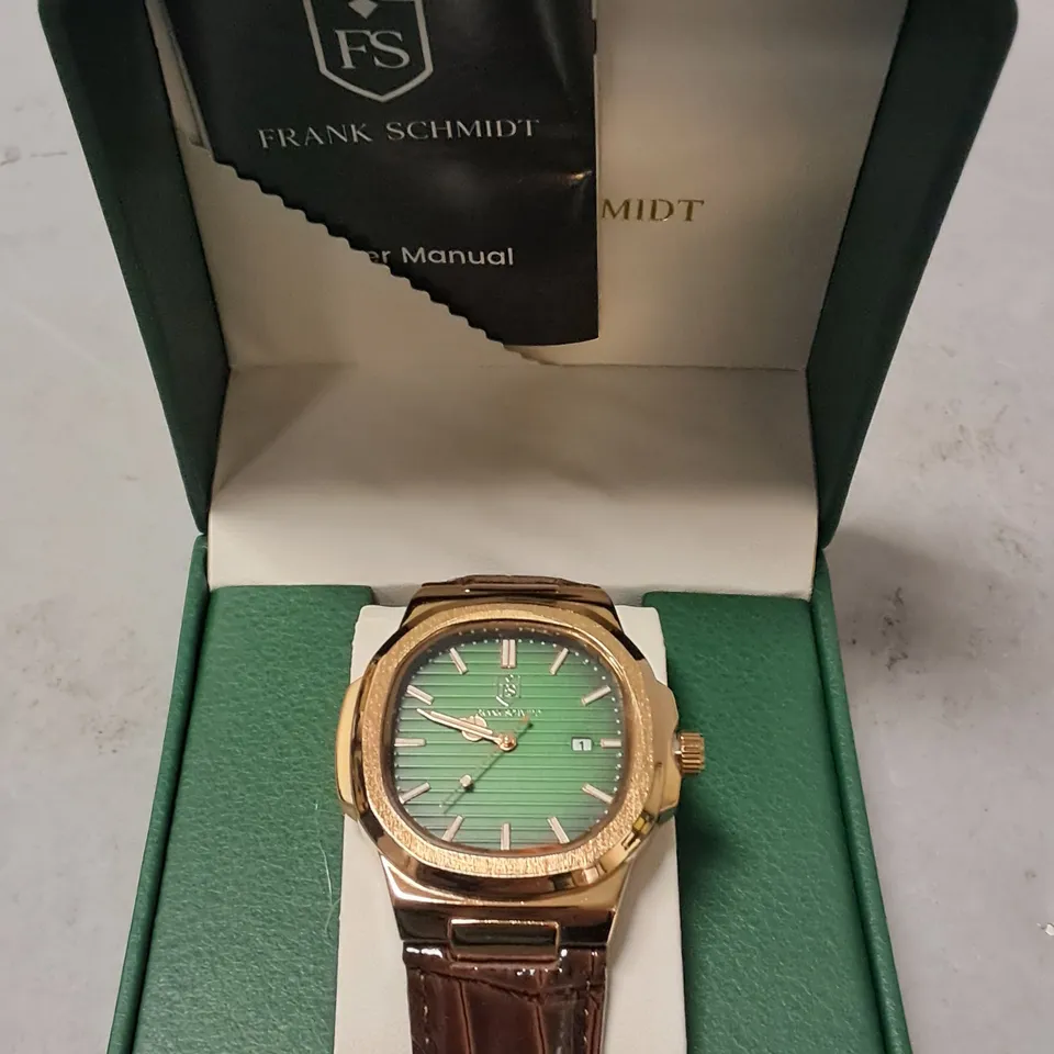 FRANK SCHMIDT STAINLESS STEEL GREEN FACED GENTS WATCH WITH BROWN LEATHER STRAP 