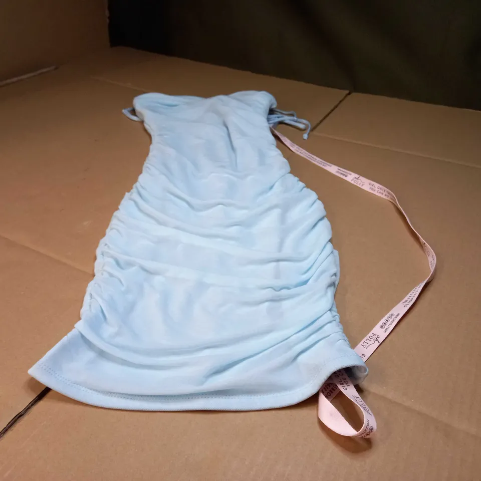 OH POLLY SKY BLUE RUCHED BODYCON MINI DRESS - SIZE 6
