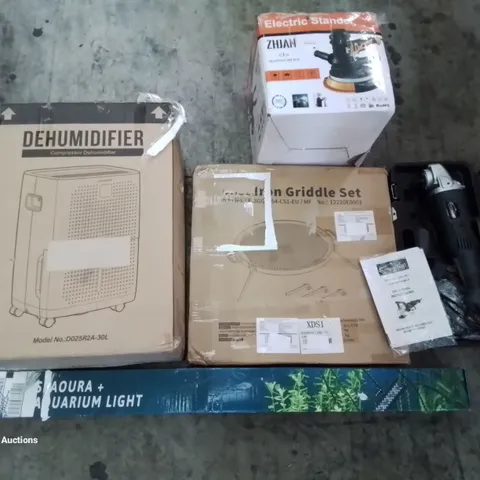 PALLET OF ASSORTED ITEMS INCLUDING DEHUMIDIFIER, ELECTRIC STANDER, IRON GRIDDLE SET, AQUARIUM LIGHT, POLISHER/SANDER