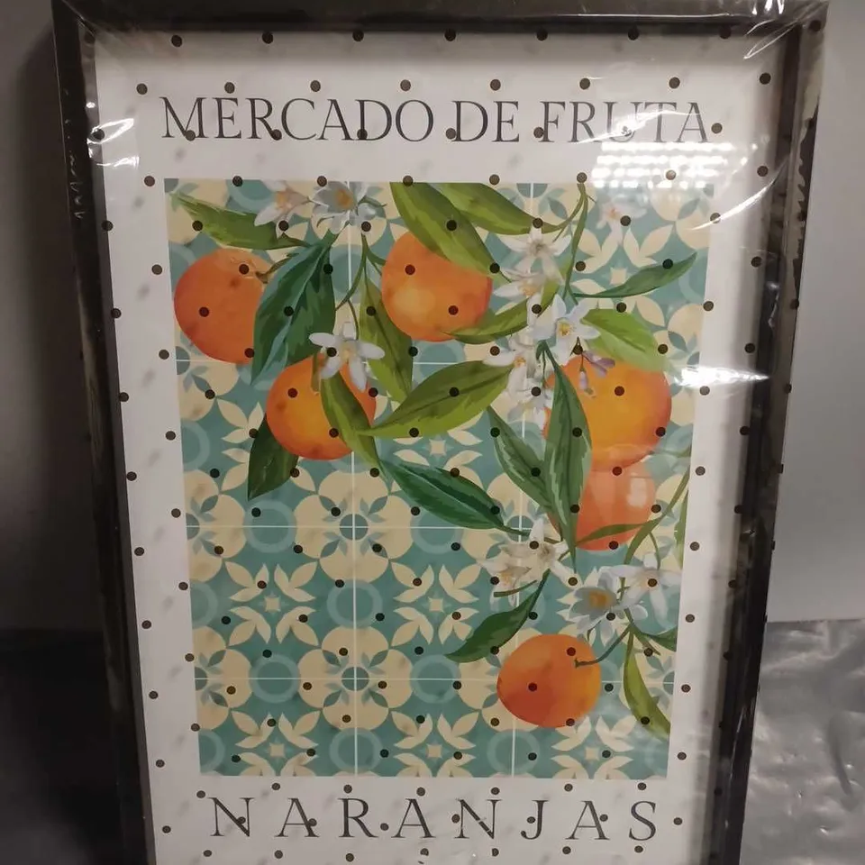 MERCADO DE FRUTA NARANJAS ORANGE BUSH THEMED WALL ART IN BLACK FRAME - APPROX 44 X 31CM