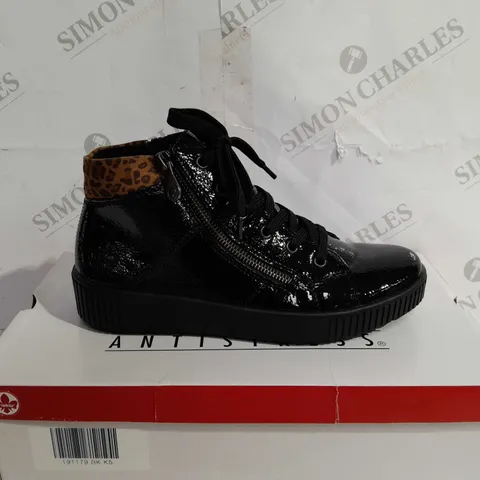 BOXED PAIR OF RIEKER BROWN HIGH TOP LEOPARD CUFF TRAINERS BLACK - SIZE 5