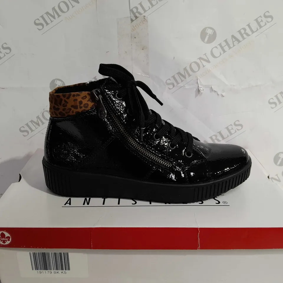 BOXED PAIR OF RIEKER BROWN HIGH TOP LEOPARD CUFF TRAINERS BLACK - SIZE 5 