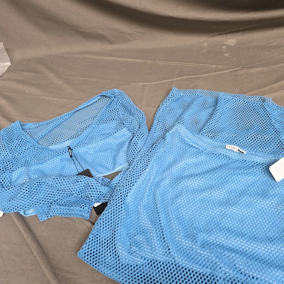 FASHIONNOVA SWEET TALK ME FISHNET SKIRT AND TOP SET - BLUE - SIZE MEDIUM