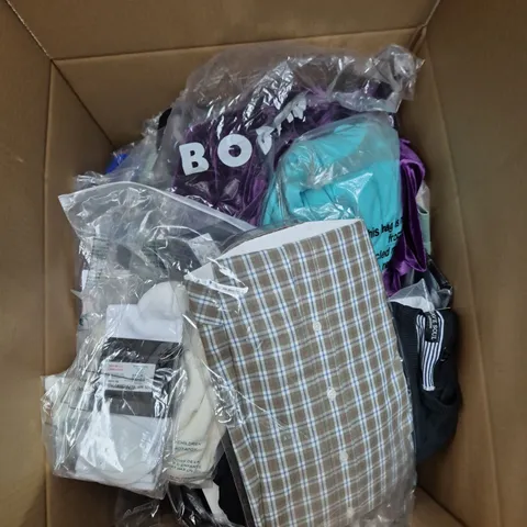 LARGE BOX OF ASSORTED CLOTHING ITEMS IN ASSORTED COLOUR, SIZES AND STYLES